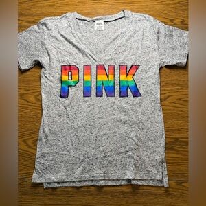 Victoria’s Secret PINK Heather Grey T-Shirt, Rainbow Logo, Size XS